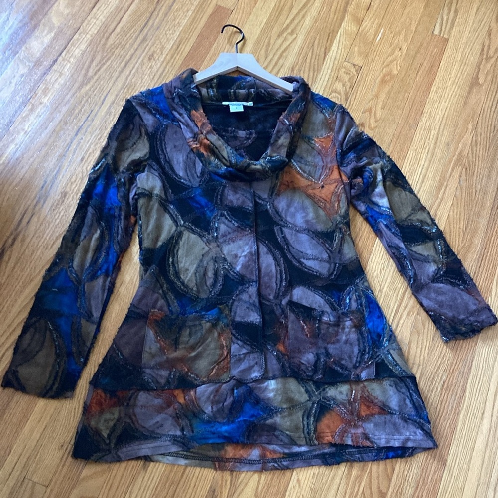 FARATELLI Patchwork Abstract Leaf Print Cowl Neck Tunic Top Brown Orange Blue S